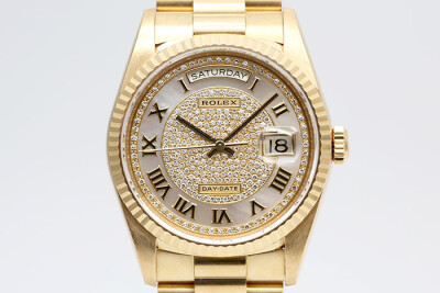 Rolex 勞力士 Day-Date 18238 日誌星期型18k黃金款 原廠半滿天星貝殼鑲嵌羅馬字時標面盤 一手錶盒單齊全 36mm