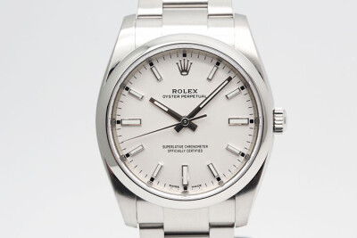 Rolex 勞力士 OysterPerpetual 114200 蠔式恆動鋼製平圈 銀白色面盤夜光時標 2019.11台灣保單 34mm