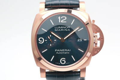 Panerai 沛納海 Luminor Pam1112 18k玫瑰金藍色三明治面盤 9010自動上鍊 2022.07台灣保單品像如新 44mm