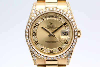 Rolex 勞力士 Day-Date 18388 日誌星期型18k黃金款原鑲鑽石 金色面盤原鑲鑽石數字時標 一手錶盒單齊全 36mm
