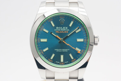 Rolex 勞力士 Milgauss 116400GV 抗磁錶款綠玻璃雙底蓋 藍色面盤閃電指針 3131自動上鍊 2022.04盒單齊全 40mm