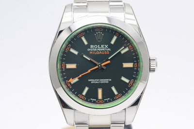 Rolex 勞力士 Milgauss 116400GV 抗磁錶款綠玻璃雙底蓋 黑色面盤閃電指針 3131自動上鍊 2021.01新式保單 40mm