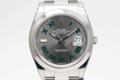 Rolex 勞力士 Datejust 126300 日誌型鋼製平圈 灰色面盤綠色羅馬字時標大版型錶帶 2023.03盒單齊全 41mm