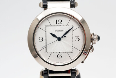 Cartier 卡地亞 Pasha W38018751 18K白金皮帶款 銀色刻紋面盤 自動上鍊 盒單齊全 42mm